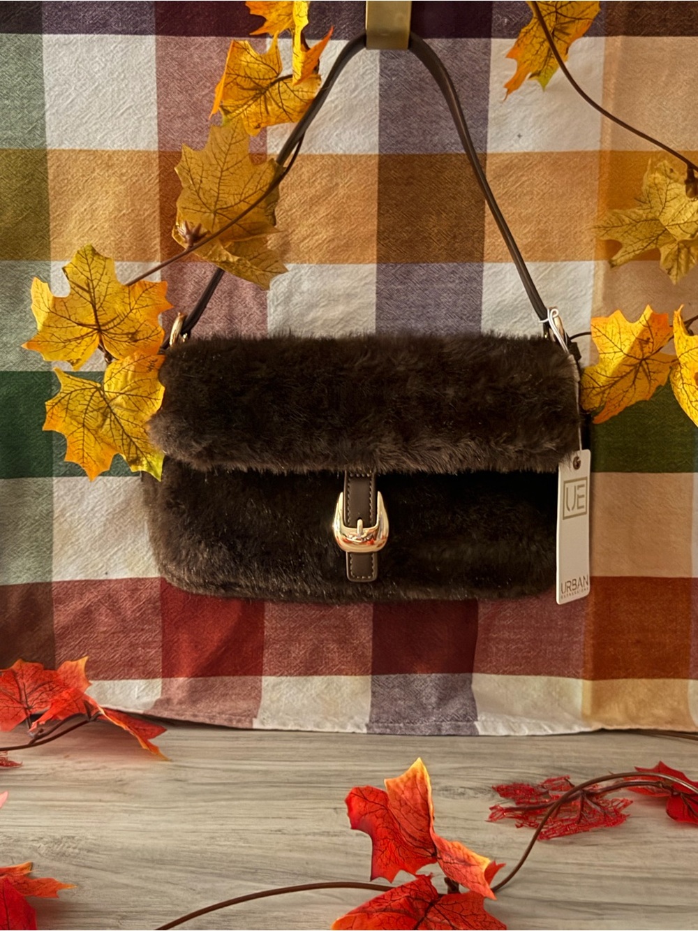 Urban Expressions Brown Faux-Fur Shoulder Bag with Buckle